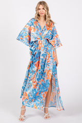 Blue Floral Satin V-Neck Maxi Dress