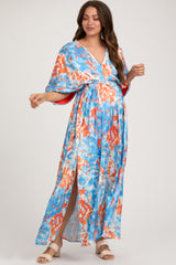 Blue Floral Satin V-Neck Maternity Maxi Dress