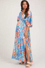 Blue Floral Satin V-Neck Maternity Maxi Dress