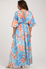 Blue Floral Satin V-Neck Maternity Maxi Dress