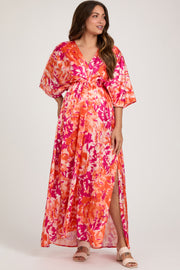 Orange Floral Satin V-Neck Maternity Maxi Dress