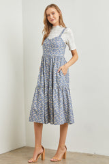 Blue Floral Sweetheart Neck Button Front Ruffle Midi Dress