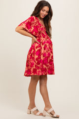 Red Leaf Print Smocked V-Neck Maternity Dress