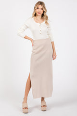 Beige Ribbed Knit Side Slit Maternity Midi Dress