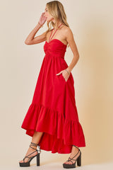 Red Halter Neck High-Low Hem Dress