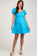 Aqua Puff Sleeve Ruffle Accent Maternity Mini Dress