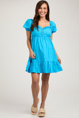 Aqua Puff Sleeve Ruffle Accent Maternity Mini Dress