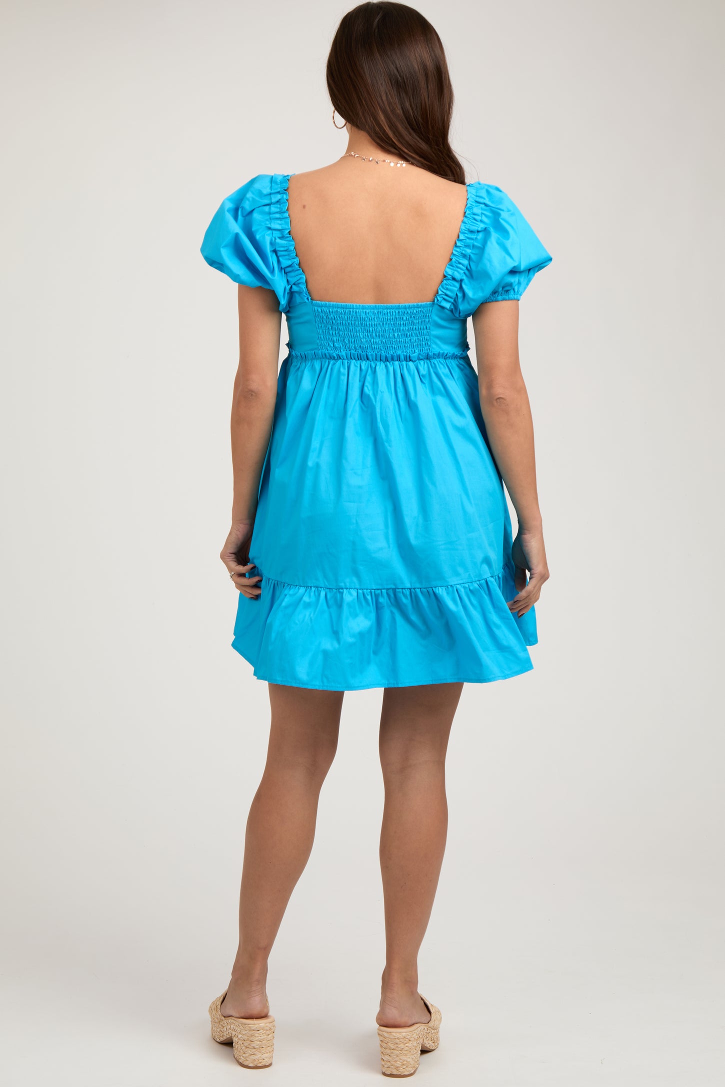 Turquoise Smocked Mesh Ruffle Accent Maternity Midi Dress– PinkBlush
