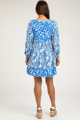 Royal Blue Floral Paisley Button Front Maternity Dress