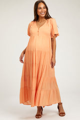 Orange Button Detail Tiered Maternity Maxi Dress