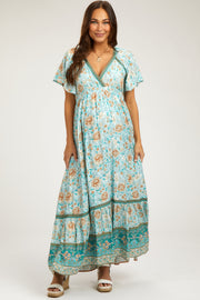 Light Blue Floral Flounce Sleeve Maternity Maxi Dress