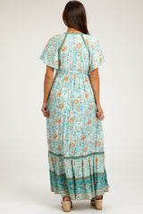 Light Blue Floral Flounce Sleeve Maternity Maxi Dress