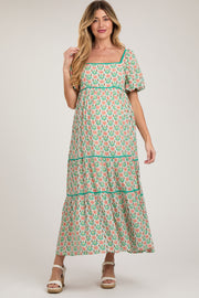 Green Floral Print Puff Sleeve Maternity Maxi Dress