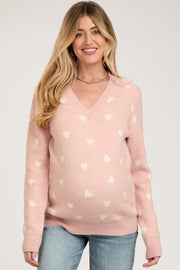 Light Pink Heart Print Knit Maternity Sweater