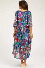 Navy Floral Half-Length Sleeve Tie Maternity Midi Dress