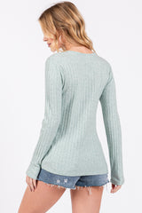 Mint Green Ribbed Knit Button Long Sleeve Top