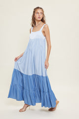 Blue Sleeveless Tiered Tie Back Maternity Maxi Dress