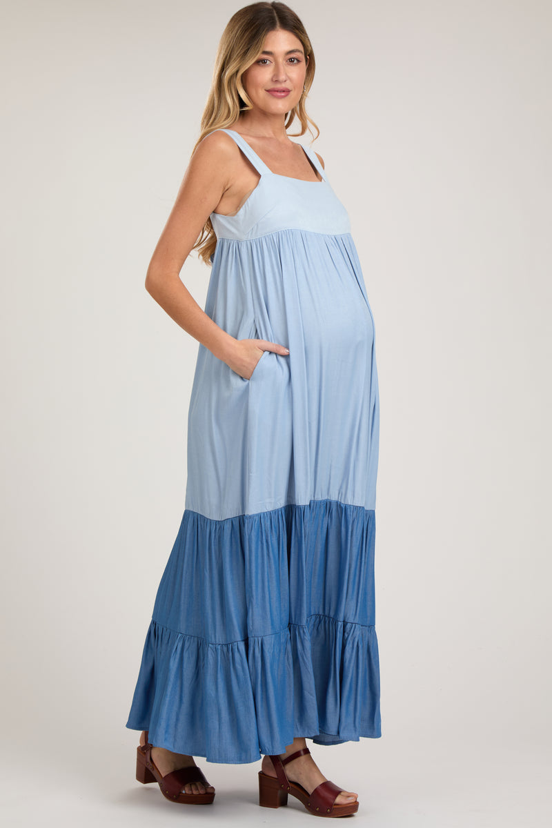 Blue Sleeveless Tiered Tie Back Maternity Maxi Dress – PinkBlush