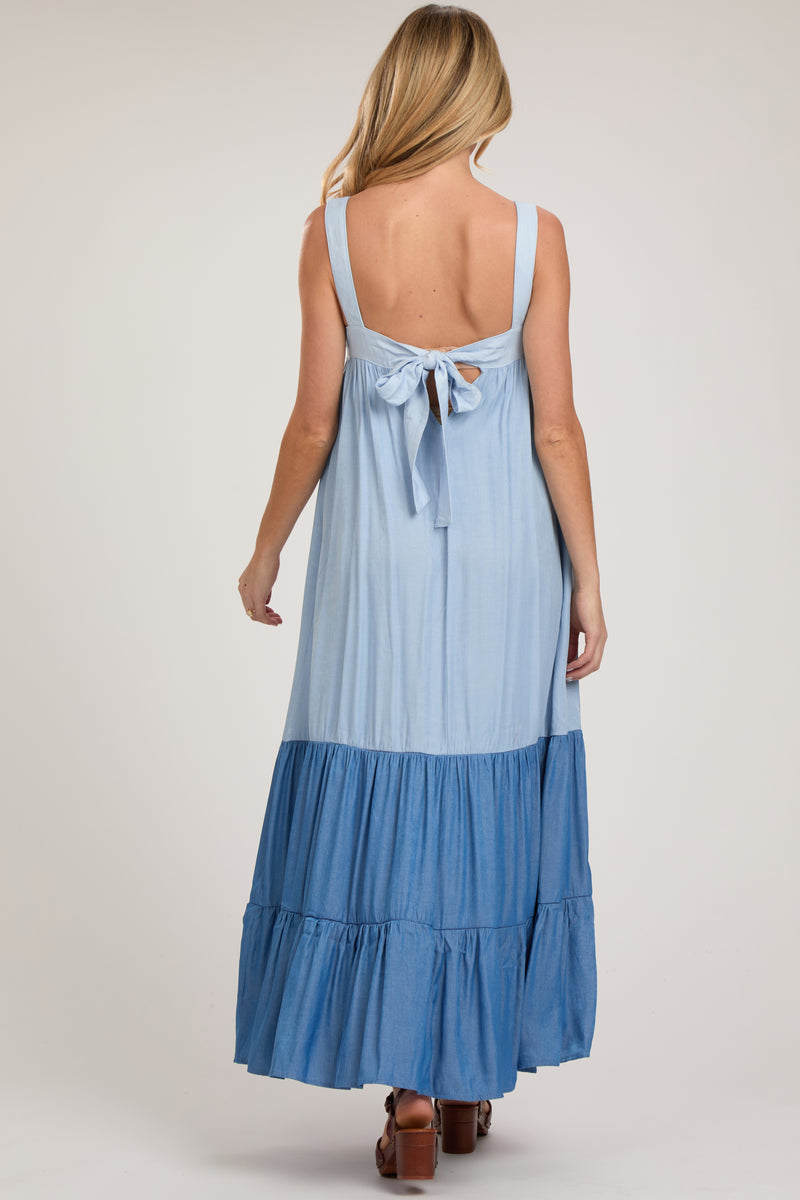 Blue Sleeveless Tiered Tie Back Maternity Maxi Dress – PinkBlush