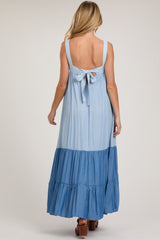 Blue Sleeveless Tiered Tie Back Maternity Maxi Dress