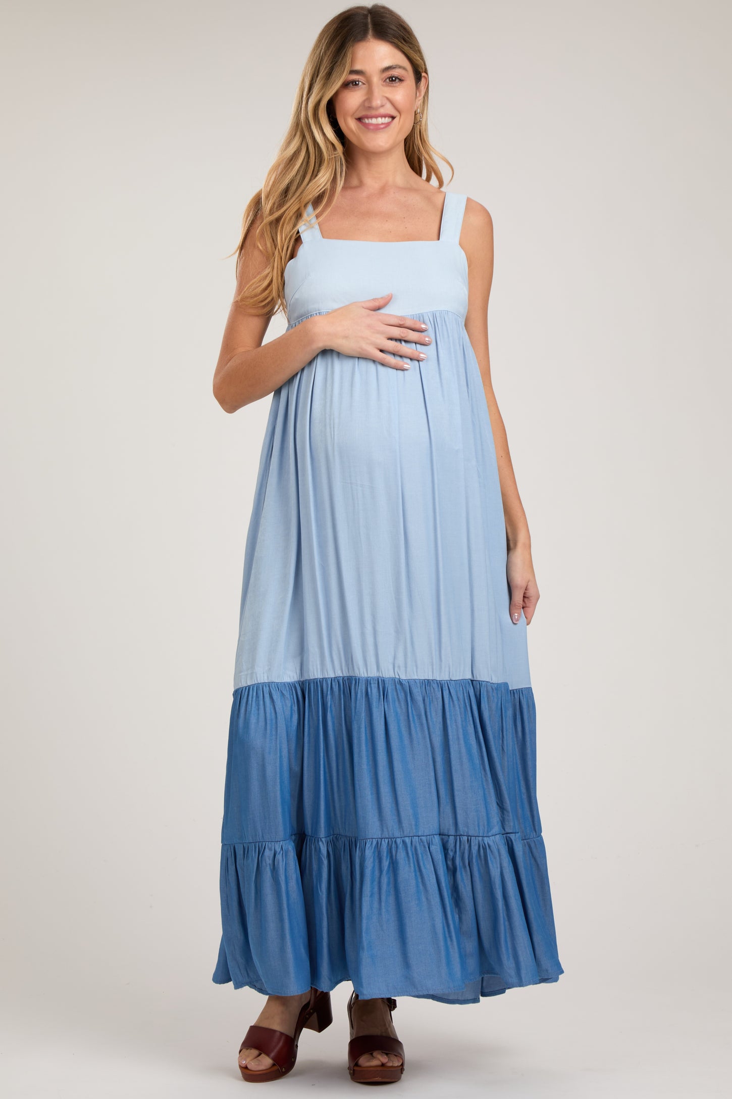 Blue Sleeveless Tiered Tie Back Maternity Maxi Dress – PinkBlush