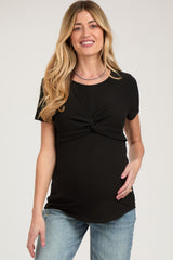 Black Ribbed Twist Front Maternity Top