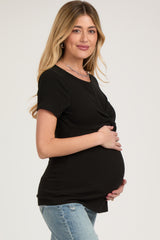 Black Ribbed Twist Front Maternity Top