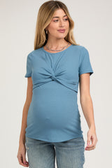 Blue Ribbed Twist Front Maternity Top