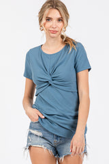 Blue Ribbed Twist Front Maternity Top