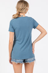 Blue Ribbed Twist Front Top