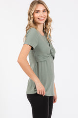 Light Olive Ribbed Twist Front Top