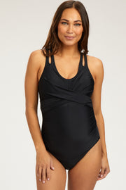 Black Twist Front Back Cutout Maternity One Piece Swimsuit