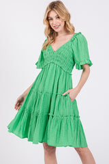Green Smocked V-Neck Ruffle Short Sleeve Tiered Maternity Dress