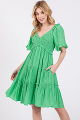 Green Smocked V-Neck Ruffle Short Sleeve Tiered Dress