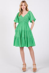 Green Smocked V-Neck Ruffle Short Sleeve Tiered Dress