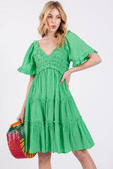 Green Smocked V-Neck Ruffle Short Sleeve Tiered Dress