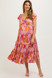 Orange Floral Sweetheart Neck Ruffle Shoulder Maternity Midi Dress