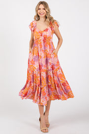 Orange Floral Sweetheart Neck Ruffle Shoulder Midi Dress