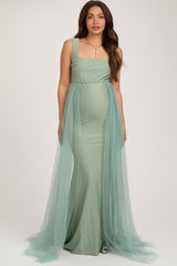 Light Olive Square Neck Tulle Maternity Maxi Dress