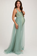 Light Olive Square Neck Tulle Maternity Maxi Dress