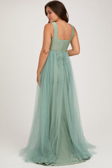 Light Olive Square Neck Tulle Maternity Maxi Dress