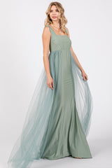 Light Olive Square Neck Tulle Maxi Dress