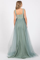 Light Olive Square Neck Tulle Maxi Dress