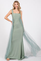 Light Olive Square Neck Tulle Maxi Dress