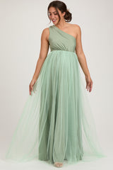 Light Olive One Shoulder Tulle Maternity Maxi Dress