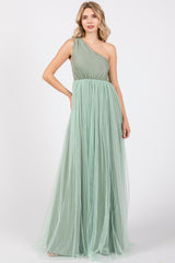 Light Olive One Shoulder Tulle Maxi Dress