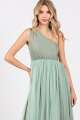 Light Olive One Shoulder Tulle Maxi Dress