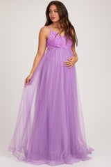 Purple Floral Applique Lace-Up Back Tulle Maternity Maxi Dress