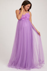 Purple Floral Applique Lace-Up Back Tulle Maternity Maxi Dress