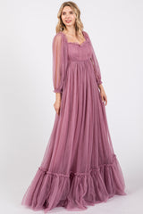 Mauve Sweetheart Neck Off Shoulder Long Sleeve Tulle Maxi Dress